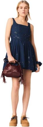 Maje Flared embroidered denim dress in Navy at Nordstrom, Size 36 Eu