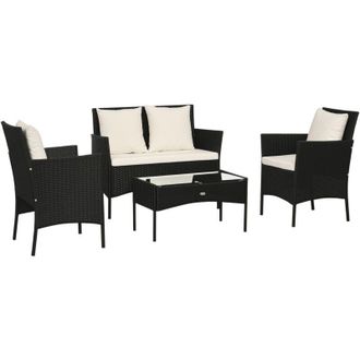 OUTSUNNY Conjunto De Jard&iacute;n De Rat&aacute;n Sint&eacute;tico Juego De 4 Piezas Muebles De Jard&iacute;n Con 2 Sillones 1 Sof&aacute; De 2 Plazas 1 Mesa De Centro Y Cojines
