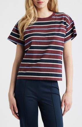 Rag & Bone Kelly Stripe Boxy Cotton T-Shirt in Burgundy Multi at Nordstrom, Size X-Small