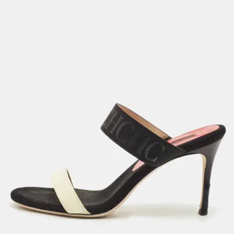 Carolina Herrera Black/white Fabric And Patent Leather Slide Sandals