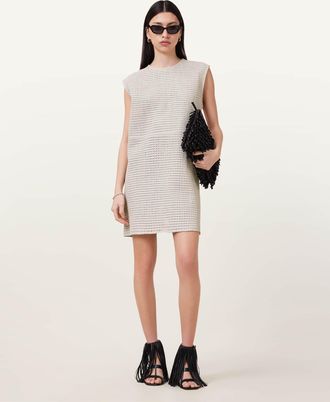 AllSaints Sheep Leather Nessa Woven Leather Mini Dress, Size: UK 14/US 10