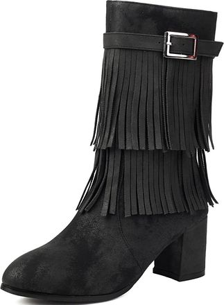 Generic Womens Chunky Heel Mid-Calf Boots Round Toe Tassel Boots with Side Zipper PU Leather Western Booties,Black,3.5 UK
