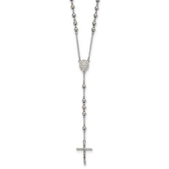 Diamond2Deal Stainless Steel Polished 6mm Beaded Rosary Cross Necklace 29.5