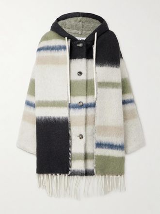 Loewe Cappotto In Misto Lana A Righe Con Frange, Sciarpa E Cappuccio - Bianco
