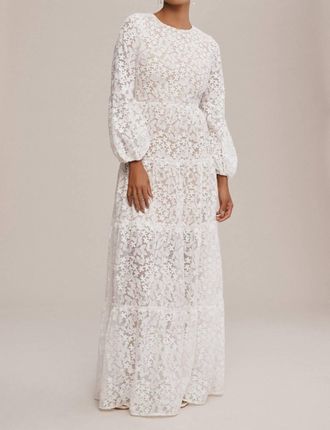 Dress The Population Lyra Puff-Sleeve Tiered Embroidered Gown In White