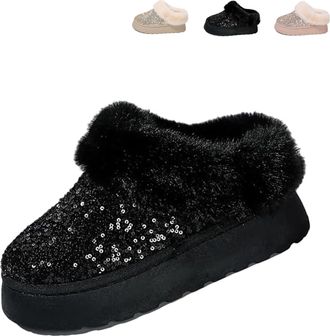 Generic 2026 New Womens Platform Glitter Sequin Flat Slippers Winter Snow Boots Fuzzy Fluffy Lined Slippers And Outdoor Comfy Warm (Black,7.5)