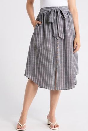 Renee C Stripe Curve Hem Linen Blend Midi Skirt in Black at Nordstrom Rack, Size X-Small