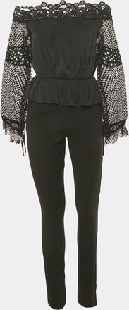 Self Portrait Black Lace Trim Crepe Jumpsuit