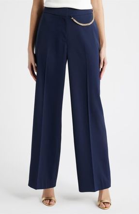 Elie Tahari The Sarah Chain Detail High Waist Straight Leg Pants in Navy at Nordstrom, Size 10