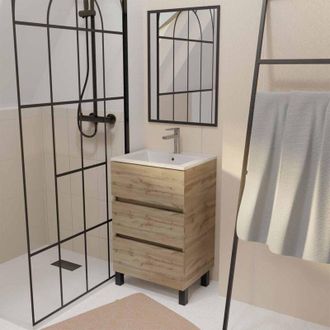 Aurlane Aurlane - Mueble de baño 50 Decorado Roble 3 Cajones Lavabo blanco y Espejo 50x70 cm