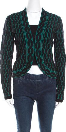 Escada Black And Green Jacquard Knit Open Front Sayakah Cardigan