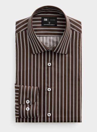 Le 31 Mens Dual-stripe brown shirt Modern fit