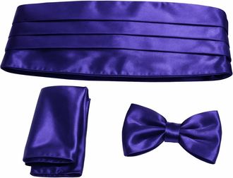 Generic L&L Adult Pre-Tied Bowtie Adjustable Cummerbund and handkerchief Pocket Square 3 pcs Set Satin Plain Solid (dark purple)