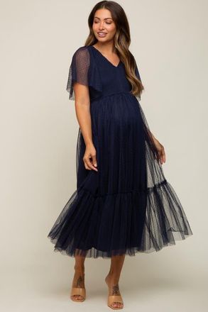Pinkblush Dotted Tulle Smocked Midi Dress in Navy Blue at Nordstrom, Size Medium