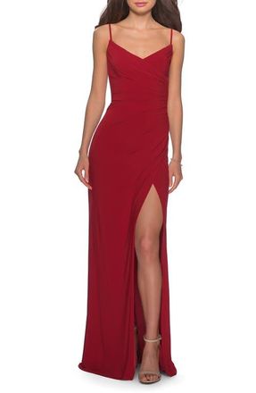 La Femme Long Jersey Dress with V-neck and Open Back in Deep Red at Nordstrom, Size 00