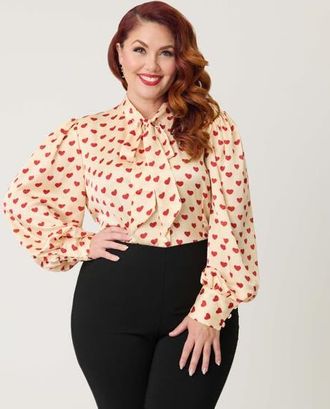 Unique Vintage Plus Size Long Sleeve Neck Tie Gwen Blouse in Champagne & Red Hearts at Nordstrom, Size 2X