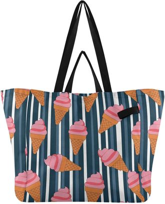 Generic Ice Cream Black print Reusable Canvas Tote Bag, Heavy Duty Grocery Shopping Bag with Double Handles Hard Bottom Large Capacity Work Groceries Travel