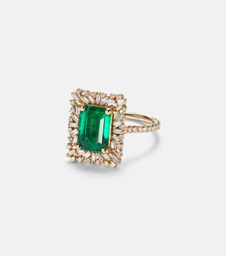 Suzanne Kalan 18kt gold (750/1000) ring with emerald and diamonds