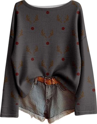 Generic Christmas Jumper 2025 Xmas Tree Printed Ladies Tops Long Sleeves Crew Neck Knitted Jumpers Soft Comfortable Xmas Pullover Sweatshirt Warm Oversized Ch