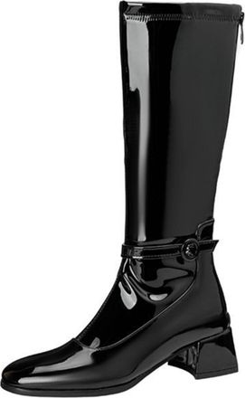 Generic Womens Knee High Riding Boots with Square Toe & Buckle Strap,Autumn and Winter Elegant Style,Black,7.5 UK