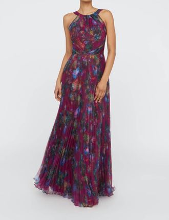 Theia Naveen Pleated Gown In Sangria Poppy Stripe