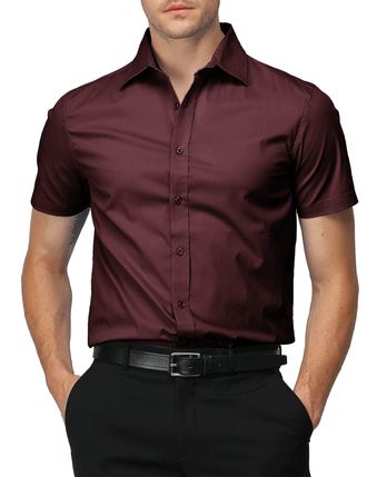 H2H Mens Slim Fit Short Sleeve Botton Down Shirts Casual Business Uniform, Kmtsts0132-wine, S