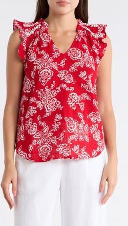 Bobeau Ruffle Sleeveless Cotton Top in Salsa Floral at Nordstrom Rack, Size Medium