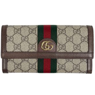 Gucci Beige Brown Gg Canvas Leather Long Wallet (Bi-Fold) (Pre-Owned)