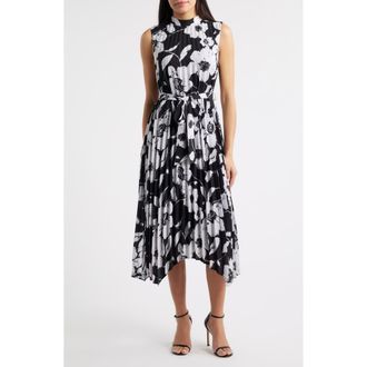 Tahari by ASL Floral Handkerchief Hem Pleated Midi Dress in Black White at Nordstrom Rack, Size 16