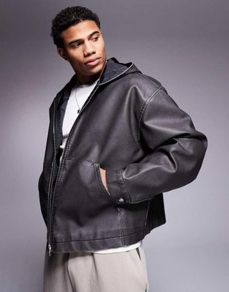 Asos oversized faux leather jacket with hood in washed black