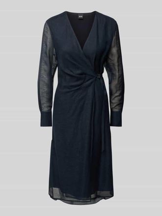 HUGO BOSS Knielanges Kleid aus Viskose-Leinen-Mix Modell Dosala in Marine, Gr&ouml;&szlig;e 38