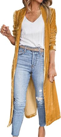 Generic Women Velvet Fashion Long Cardigan Coat Pocket Solid Colour Loose Casual Coat Elegant Soft Classic Long coat Fall Fitted Outer jacket Suitable Party S