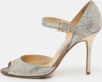 Jimmy Choo London Silver Glitter And Lame Fabric Ankle Strap Sandals