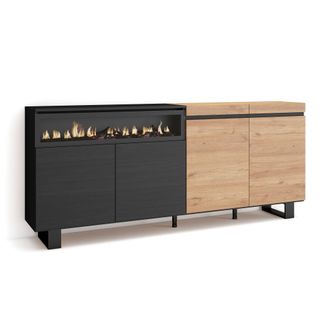 Skraut Home Aparadores Para Sal&oacute;n, Gran Capacidad De Almacenaje, 200x87x35cm, 4 Puertas, Chimenea El&eacute;ctrica, Dise&ntilde;o Industrial, Estilo Moderno, Roble Y Negro - Sk