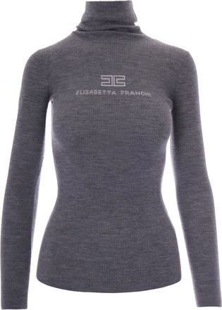 Elisabetta Franchi Ribbed Knit Turtleneck Top with Intarsia Logo