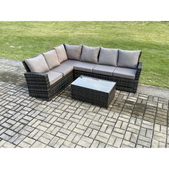 Fimous Fimous - 6 Seater High Back Rattan Garden Furniture Set Corner Sofa With Rectangular Coffee Table