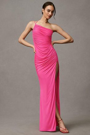 Katie May Rosalind One-Shoulder Ruched Crisscross-Back Column Maxi Dress