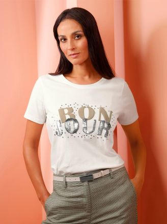 Heine T-Shirt HEINE Shirt, Damen, Gr. 34, ecru, 100% Baumwolle, bedruckt, gemustert, mehrfarbig, Rundhals, Shirts T-Shirt