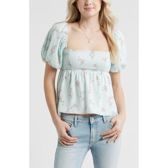 BP. Print Bubble Sleeve Babydoll Top in Green C-Pink Selina Floral at Nordstrom, Size Xx-Small