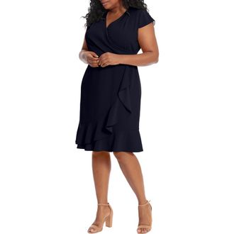London Times Pleated Flounce Faux Wrap Dress in Navy at Nordstrom Rack, Size 14W