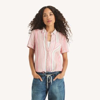 Nautica Womens Striped Linen Camp Shirt