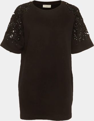Dries Van Noten Black Sequins Embellished French Terry Knit T-Shirt
