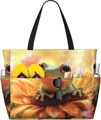 Generic Cute Frog Print Large Beach Bag Foldable Travel Shoulder Tote Bag With Pocket For Weekender Pool Vacation