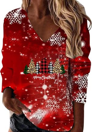 Generic Warehouse Deals Clearance Returns Tunic Sweatshirt for Women Women Christmas Loose Sweatshirt Snowflake Christmas Tree Snowman Doll Print V Neck Holid