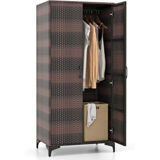 Costway Armadio in Vimini con 2 Ante, Armadio Guardaroba in Rattan pe con Asta Appendiabiti e 4 Cubi di Stoccaggio, per Soggiorno, Camera da Letto e Patio