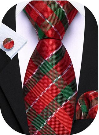 Barry.Wang Tartan Tie Red Green Silk Necktie for Mens Plaid Pocket Square Cufflinks Sets Formal Wedding