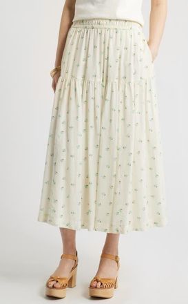 Treasure & Bond Smocked Waist Cotton Maxi Skirt in Ivory- Blue Garden Ditsy at Nordstrom, Size Xx-Large