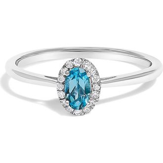 House of Brilliance 10K White Gold Oval and Diamond Accent Halo Birthstone Ring in Blue Topaz at Nordstrom, Size 5.5