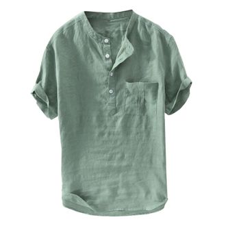 Generic Mens Linen Shirts - Mens Button Down Grandad Shirt Short Sleeved Loose Summer T Shirts Mens Hippie Shirts Grandad Collar T-Shirts for Men Regular Fit 