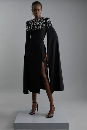 Karen Millen Womens Compact Stretch Viscose Crystal Embellished Cape Maxi Dress - Black - Size 12 UK